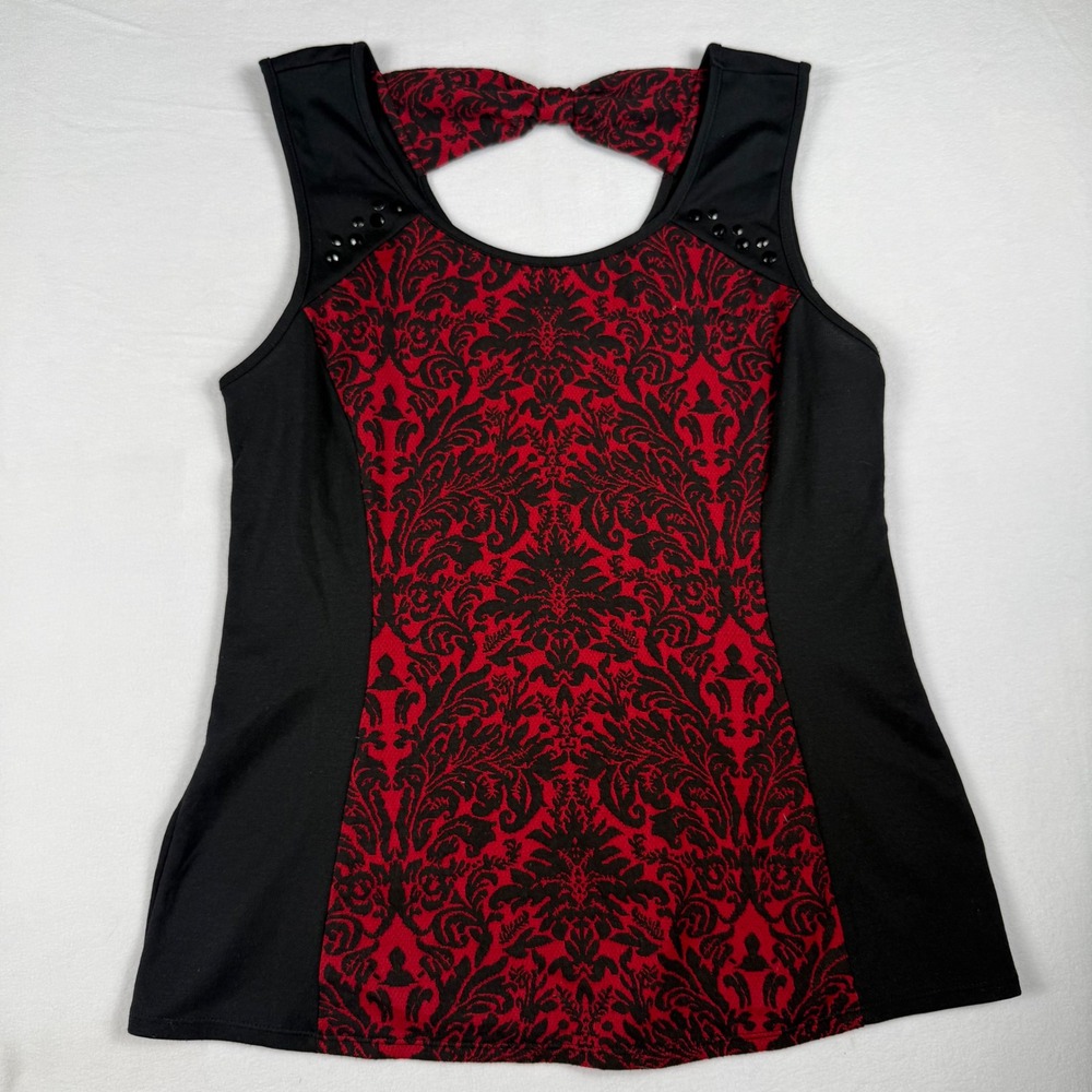Maurices Damask Studded Bow Back Tank Top Large Red Black Gothic Victorian Style